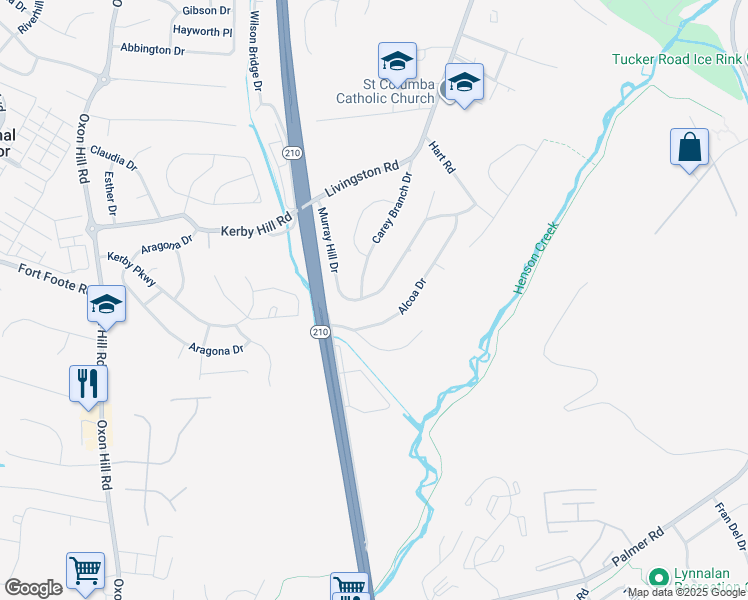 map of restaurants, bars, coffee shops, grocery stores, and more near 8127 Murray Hill Drive in Fort Washington