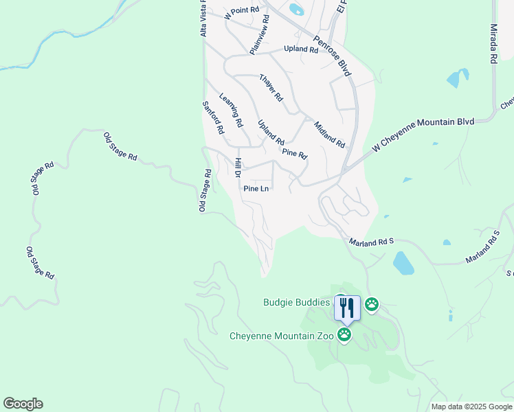 map of restaurants, bars, coffee shops, grocery stores, and more near 3780 Overlook Road in Colorado Springs