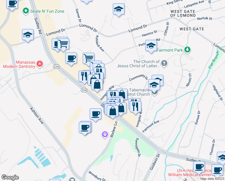 map of restaurants, bars, coffee shops, grocery stores, and more near 10255 Irongate Way in Manassas