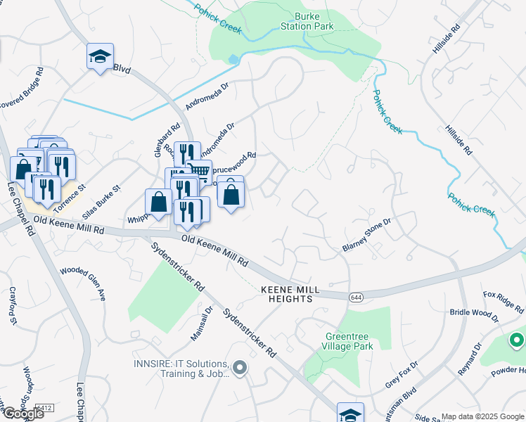map of restaurants, bars, coffee shops, grocery stores, and more near 6431 Birch Leaf Court in Burke