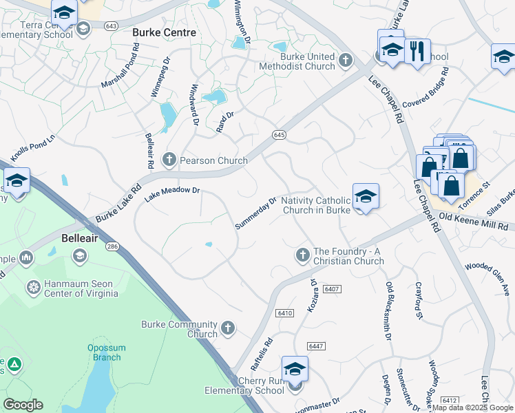 map of restaurants, bars, coffee shops, grocery stores, and more near 9822 Summerday Drive in Burke