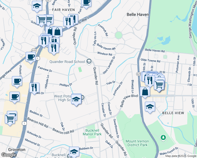 map of restaurants, bars, coffee shops, grocery stores, and more near 6504 Cavalier Drive in Alexandria