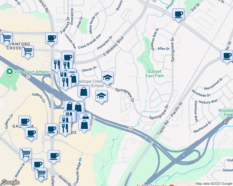 map of restaurants, bars, coffee shops, grocery stores, and more near 6185 Springview Drive in Rocklin