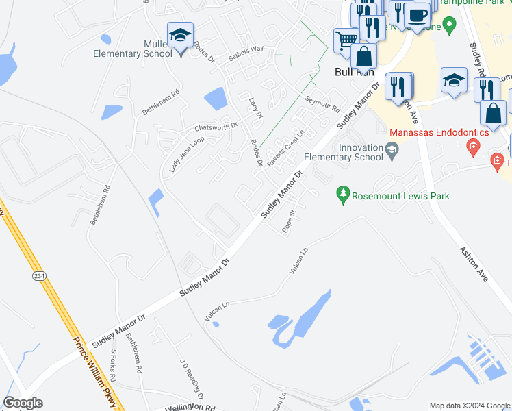 map of restaurants, bars, coffee shops, grocery stores, and more near 11110 Wainwright Place in Manassas