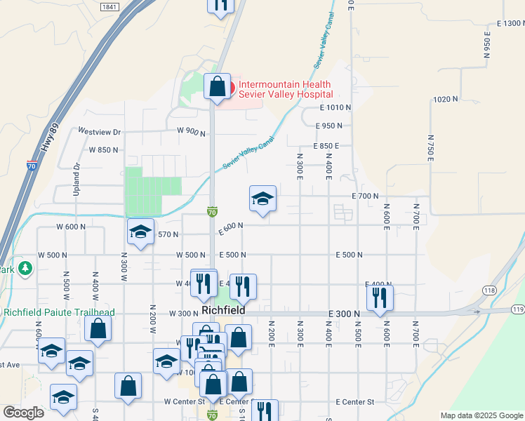 map of restaurants, bars, coffee shops, grocery stores, and more near 244 East 600 North in Richfield