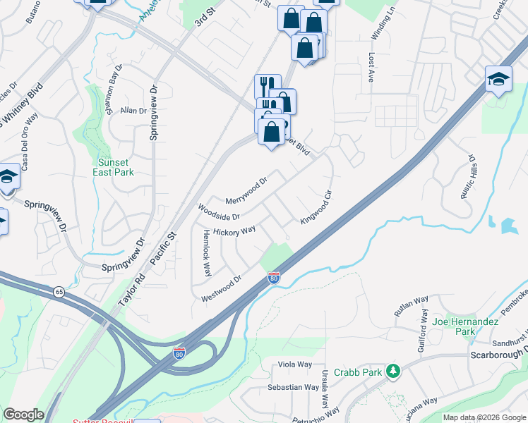 map of restaurants, bars, coffee shops, grocery stores, and more near 3570 Woodglade Court in Rocklin