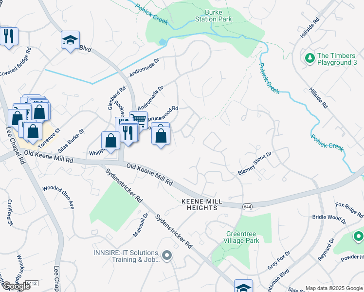 map of restaurants, bars, coffee shops, grocery stores, and more near 6431 Birch Leaf Court in Burke