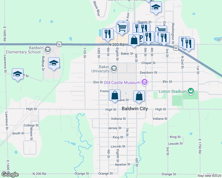 map of restaurants, bars, coffee shops, grocery stores, and more near 610 9th Street in Baldwin City