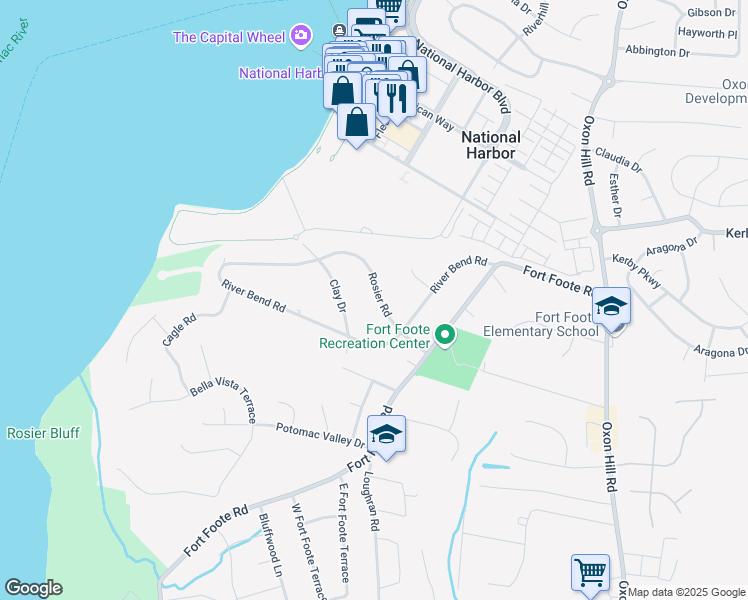 map of restaurants, bars, coffee shops, grocery stores, and more near 428 Rosier Road in Fort Washington