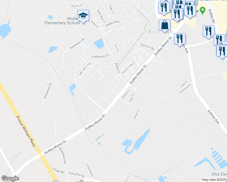 map of restaurants, bars, coffee shops, grocery stores, and more near 11117 Doubleday Lane in Manassas