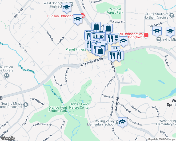 map of restaurants, bars, coffee shops, grocery stores, and more near 6375 English Ivy Way in Springfield