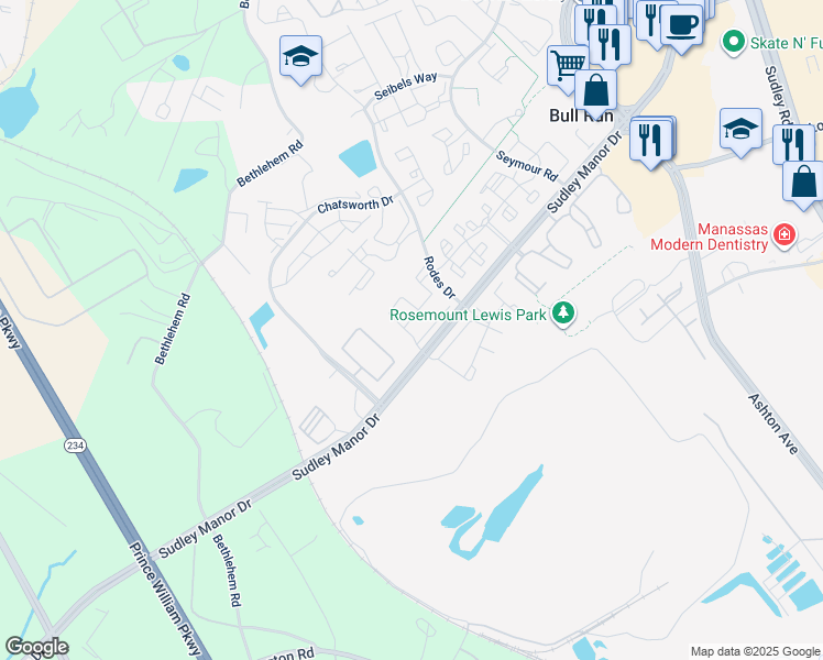 map of restaurants, bars, coffee shops, grocery stores, and more near 11117 Doubleday Lane in Manassas