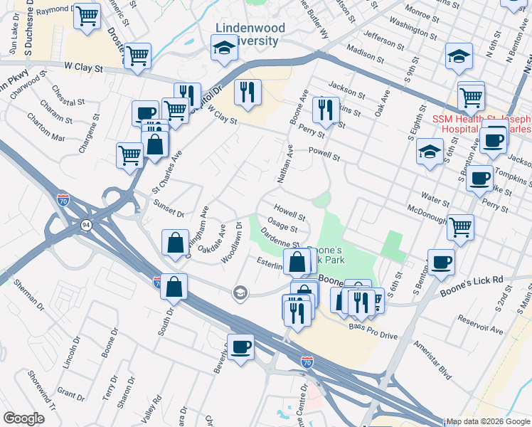 map of restaurants, bars, coffee shops, grocery stores, and more near 1120 Dardenne Street in Saint Charles