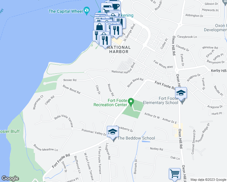 map of restaurants, bars, coffee shops, grocery stores, and more near 425 Rosier Road in Fort Washington