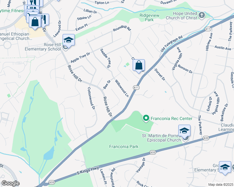 map of restaurants, bars, coffee shops, grocery stores, and more near 6430 Rock A By Road in Alexandria