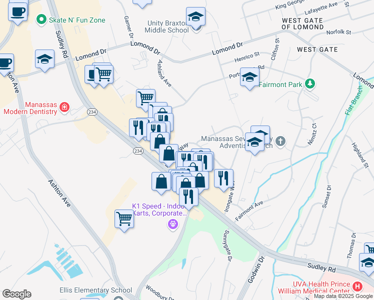 map of restaurants, bars, coffee shops, grocery stores, and more near 10251 Irongate Way in Manassas