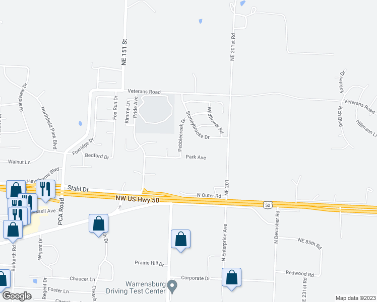 map of restaurants, bars, coffee shops, grocery stores, and more near 1507 Park Avenue in Warrensburg