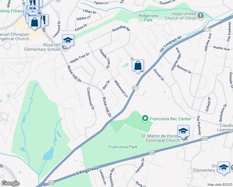 map of restaurants, bars, coffee shops, grocery stores, and more near 6430 Rock A By Road in Alexandria