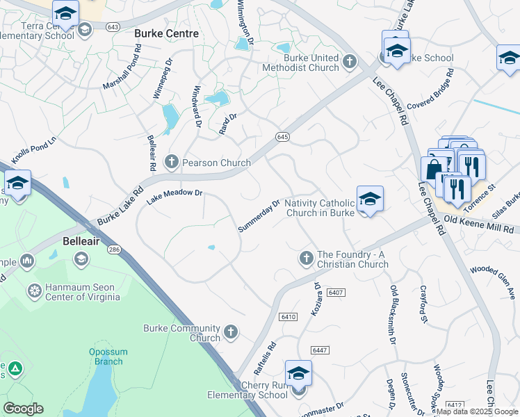 map of restaurants, bars, coffee shops, grocery stores, and more near 9822 Summerday Drive in Burke