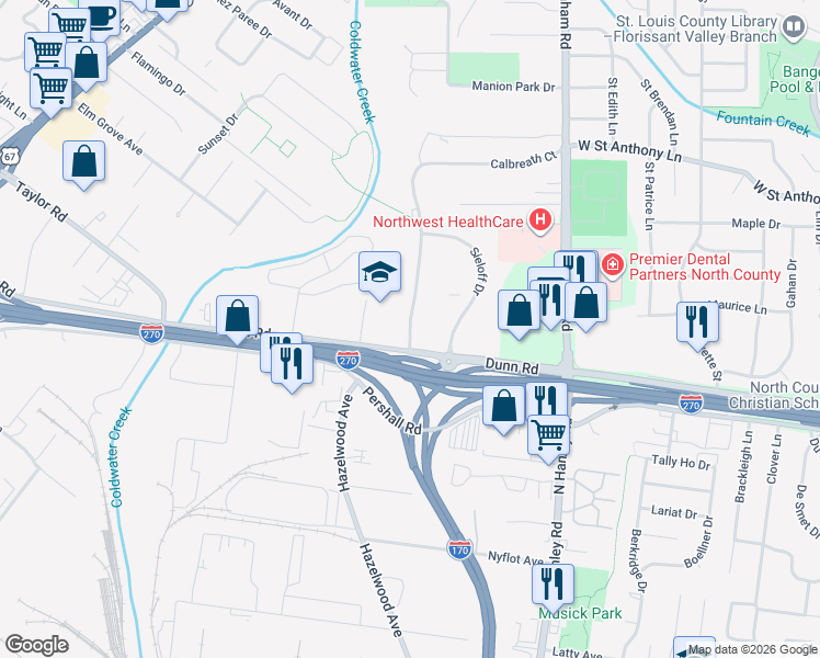 map of restaurants, bars, coffee shops, grocery stores, and more near 7421 Hazelcrest Drive in Hazelwood