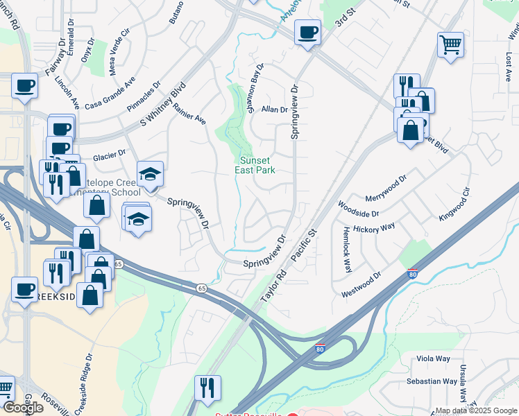 map of restaurants, bars, coffee shops, grocery stores, and more near 5908 Meadowdale Drive in Rocklin