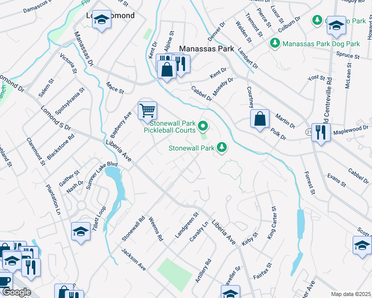 map of restaurants, bars, coffee shops, grocery stores, and more near 8334 Shady Grove Circle in Manassas