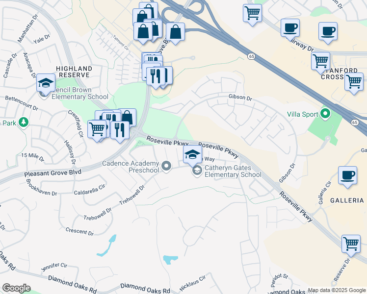 map of restaurants, bars, coffee shops, grocery stores, and more near 51 Silver Poplar Court in Roseville