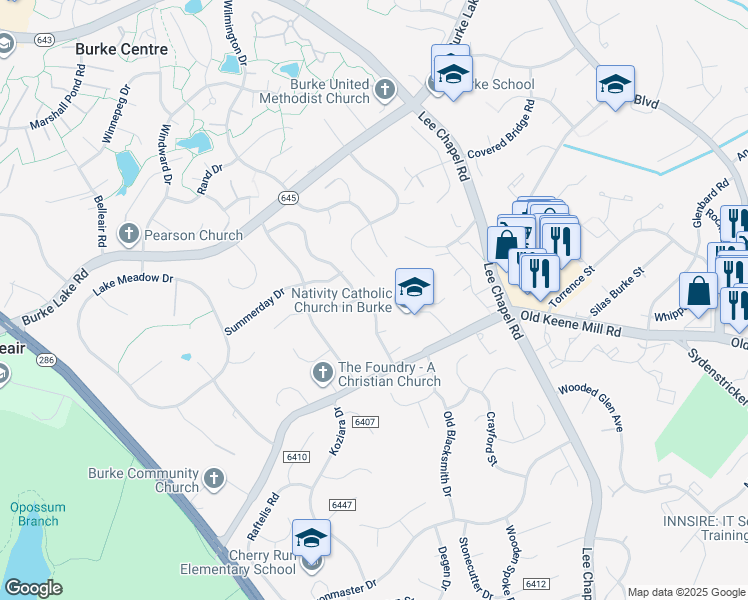 map of restaurants, bars, coffee shops, grocery stores, and more near 6399 4 Oaks Lane in Burke
