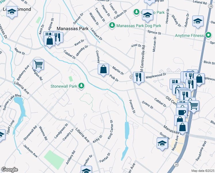 map of restaurants, bars, coffee shops, grocery stores, and more near 189 Cabbel Dr in Manassas Park