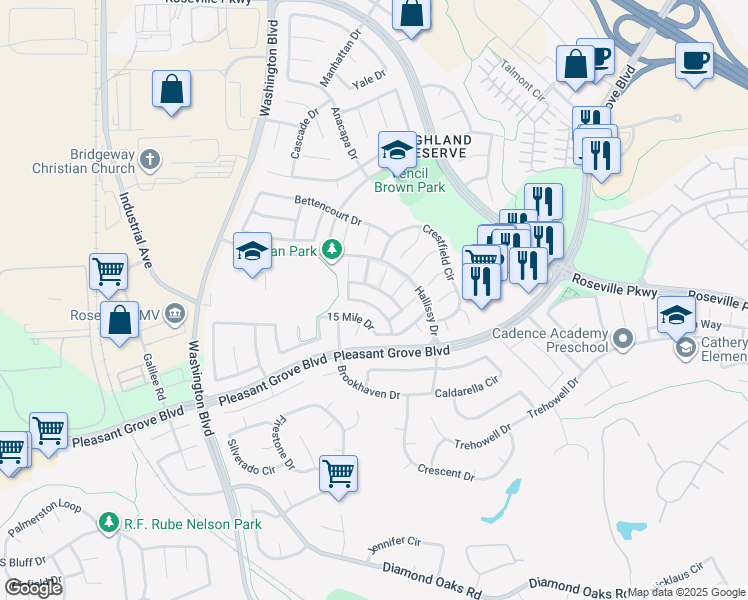 map of restaurants, bars, coffee shops, grocery stores, and more near 23 Clancy Court in Roseville
