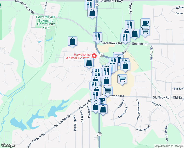 map of restaurants, bars, coffee shops, grocery stores, and more near 13 Junction Drive West in Glen Carbon