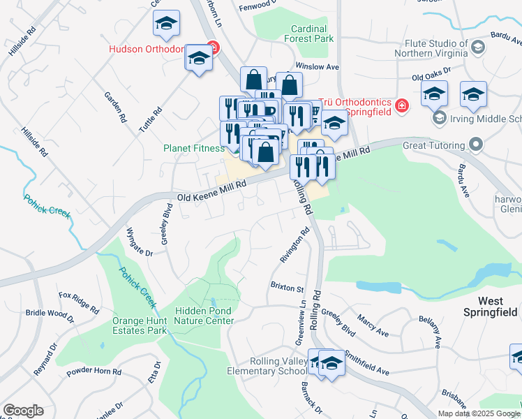 map of restaurants, bars, coffee shops, grocery stores, and more near 6316 Millwood Circle in West Springfield