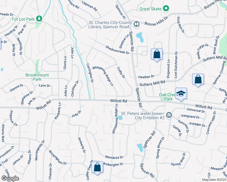 map of restaurants, bars, coffee shops, grocery stores, and more near 982 Whispering Ridge Lane in St. Peters