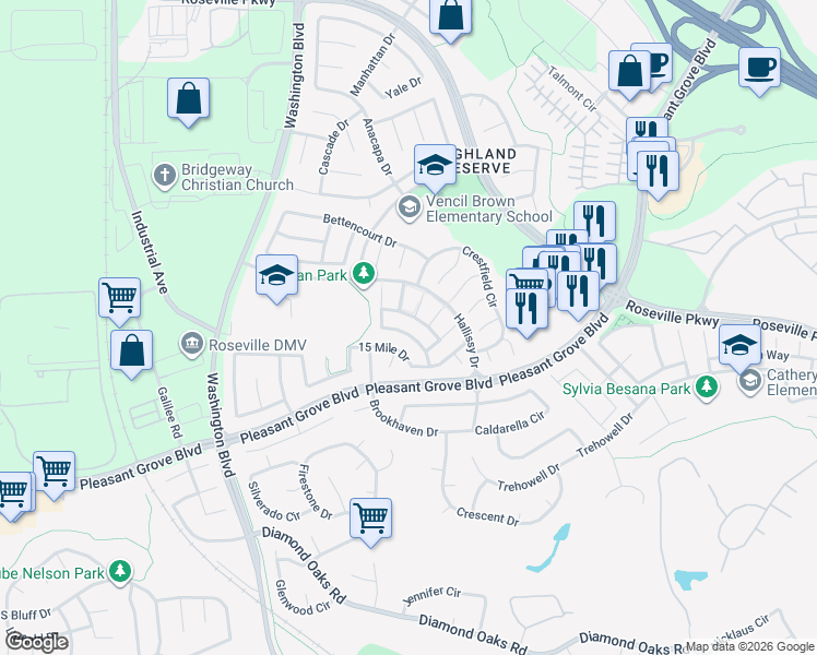 map of restaurants, bars, coffee shops, grocery stores, and more near 23 Clancy Court in Roseville