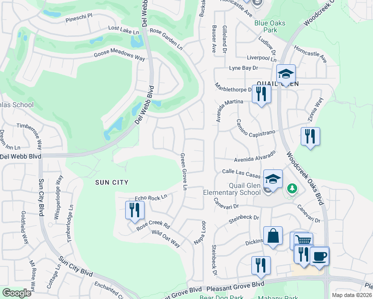 map of restaurants, bars, coffee shops, grocery stores, and more near 5227 Green Grove Lane in Roseville