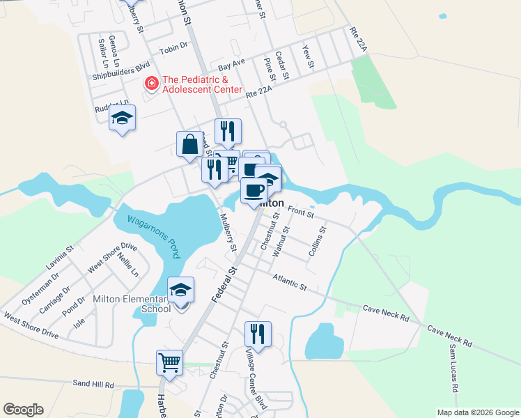 map of restaurants, bars, coffee shops, grocery stores, and more near in Milton