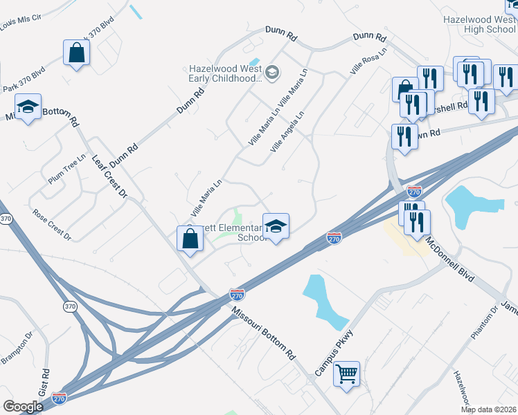 map of restaurants, bars, coffee shops, grocery stores, and more near 5205 Auriesville Lane in Hazelwood