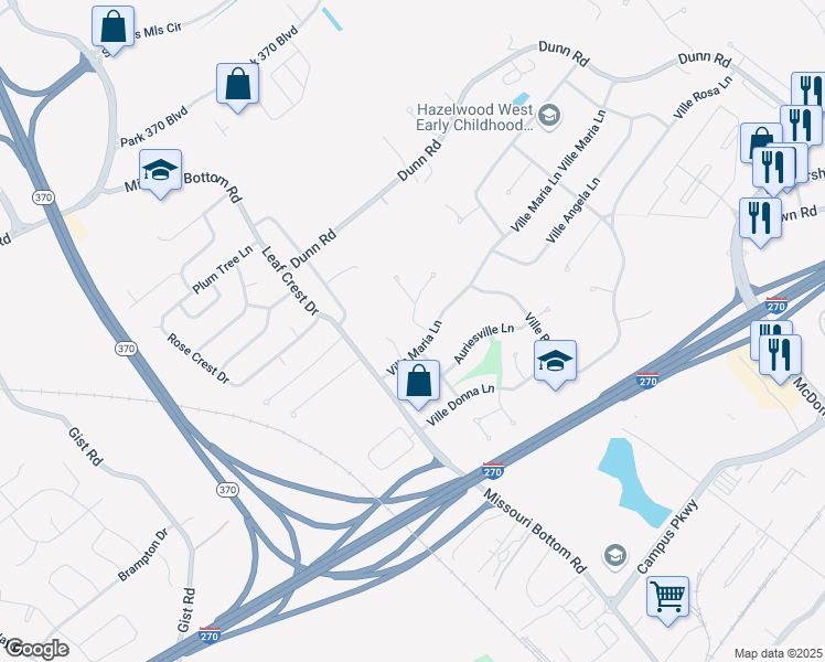 map of restaurants, bars, coffee shops, grocery stores, and more near 5121 Ville Maria Lane in Hazelwood