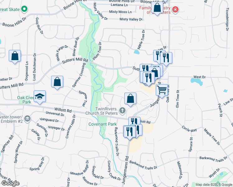 map of restaurants, bars, coffee shops, grocery stores, and more near 19 Millrace Court in St. Peters