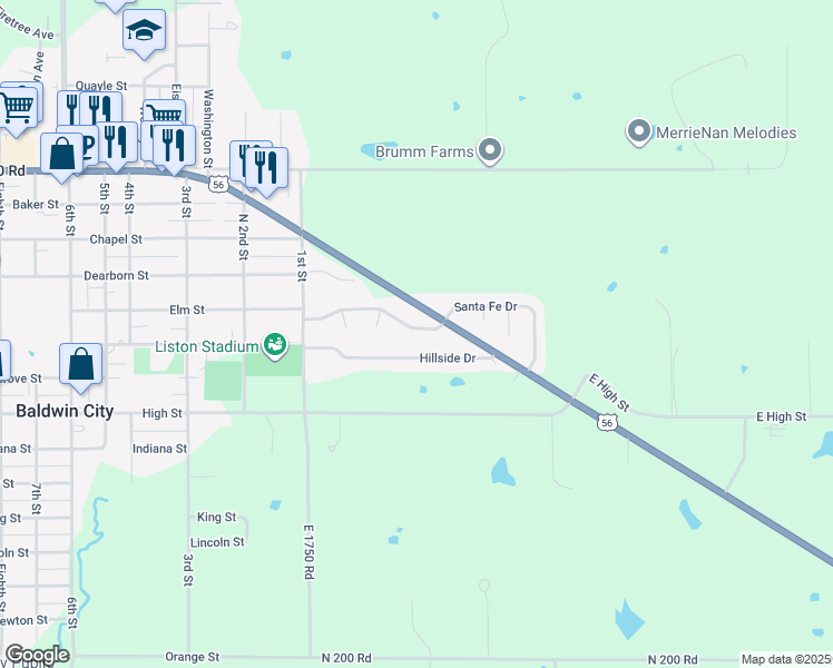 map of restaurants, bars, coffee shops, grocery stores, and more near 126 Santa Fe Drive in Baldwin City