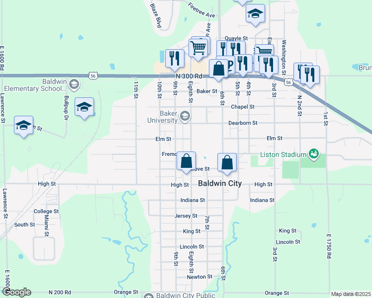 map of restaurants, bars, coffee shops, grocery stores, and more near 818 Elm Street in Baldwin City