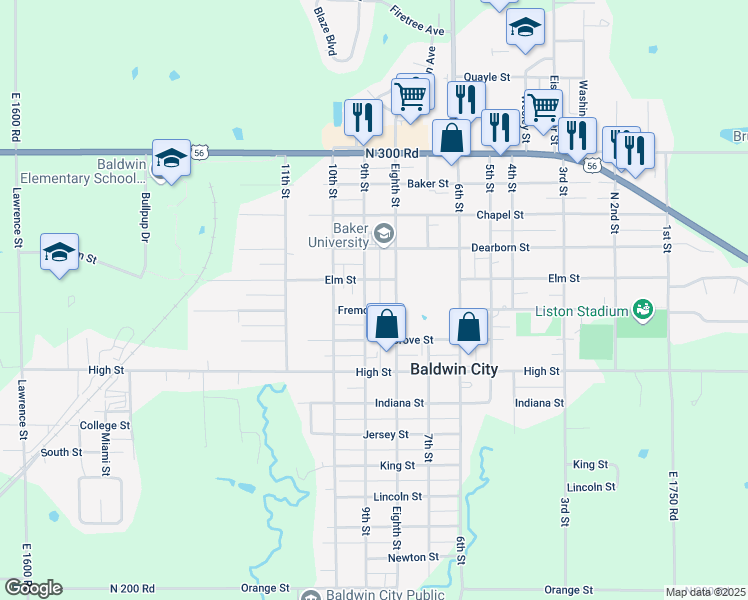 map of restaurants, bars, coffee shops, grocery stores, and more near 818 Elm Street in Baldwin City