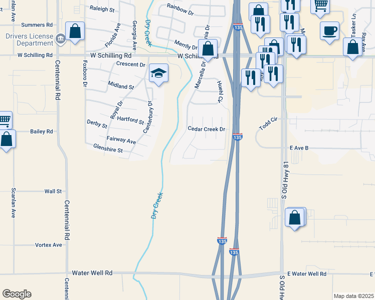 map of restaurants, bars, coffee shops, grocery stores, and more near 3305 Marcella Drive in Salina