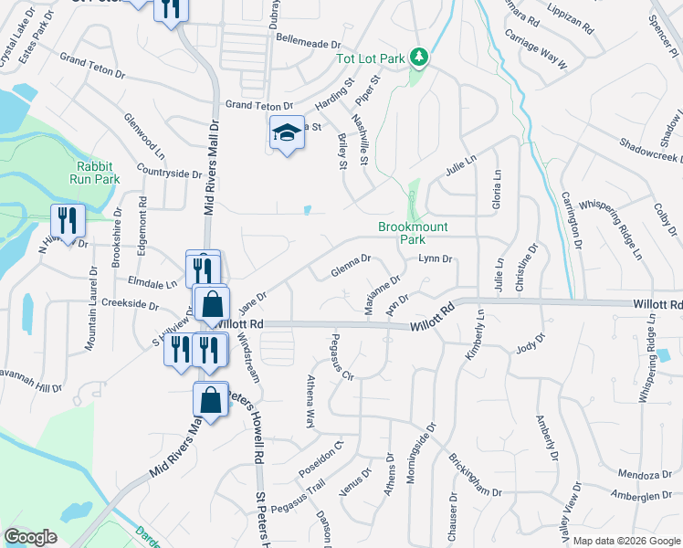 map of restaurants, bars, coffee shops, grocery stores, and more near 20 Glenna Drive in St. Peters
