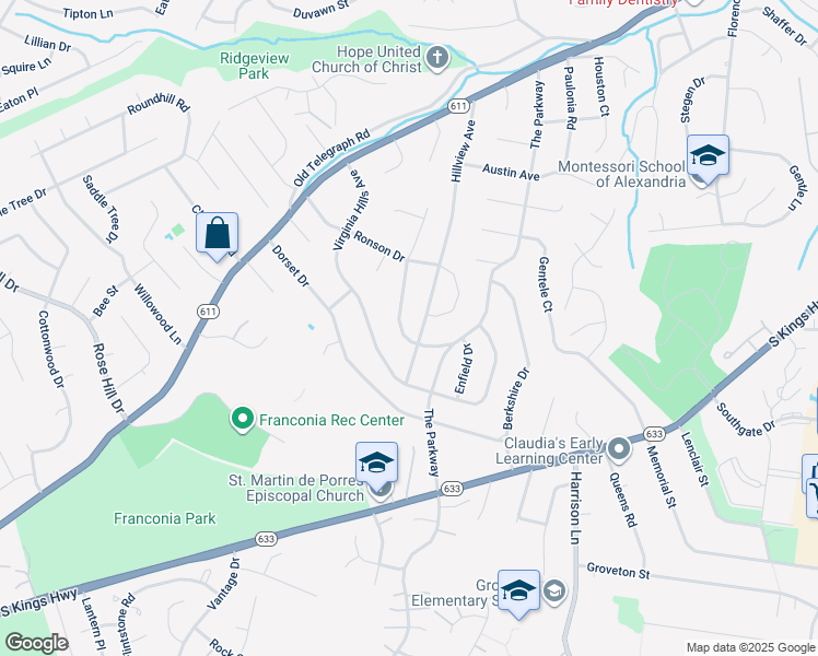map of restaurants, bars, coffee shops, grocery stores, and more near 6423 Prospect Terrace in Alexandria