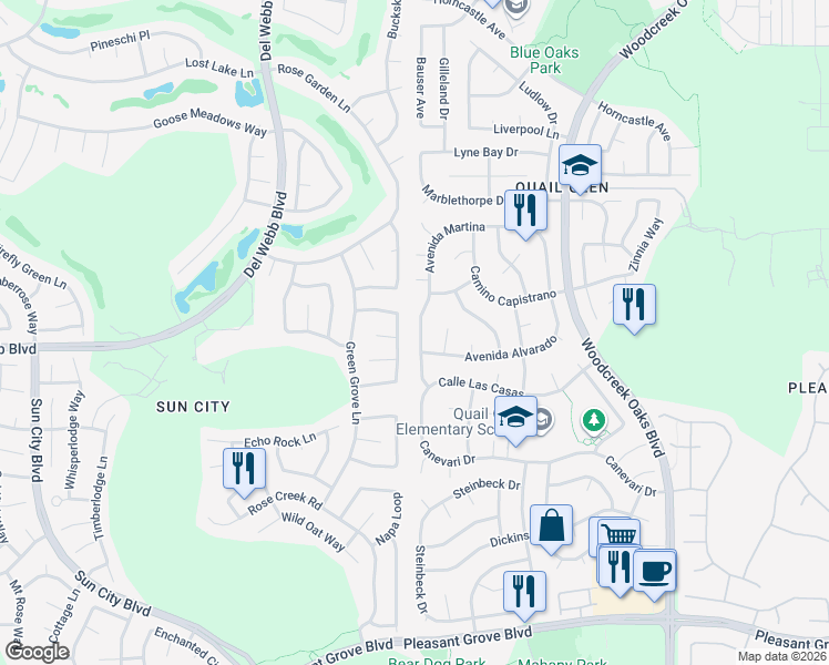 map of restaurants, bars, coffee shops, grocery stores, and more near 1821 Ave Martina in Roseville
