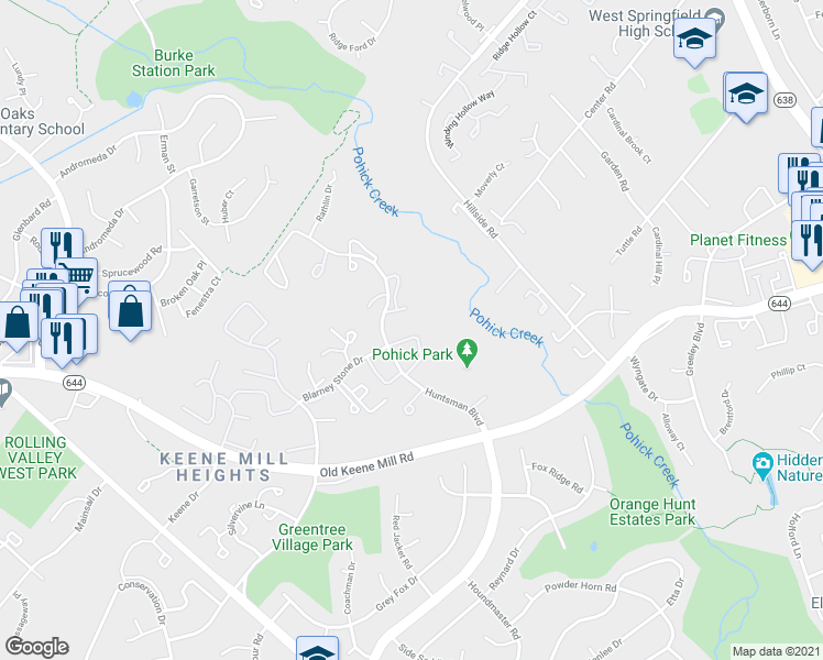 map of restaurants, bars, coffee shops, grocery stores, and more near 6422 Blarney Stone Court in Springfield