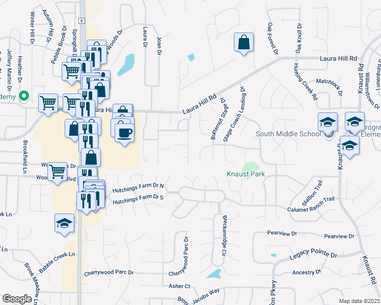 map of restaurants, bars, coffee shops, grocery stores, and more near 134 Westgate Drive in St. Peters