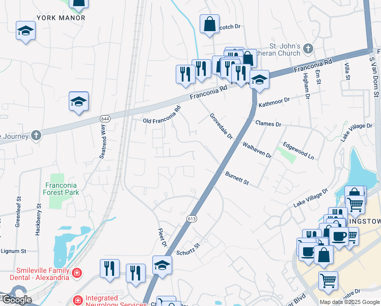map of restaurants, bars, coffee shops, grocery stores, and more near 6400 Gladys May Lane in Alexandria