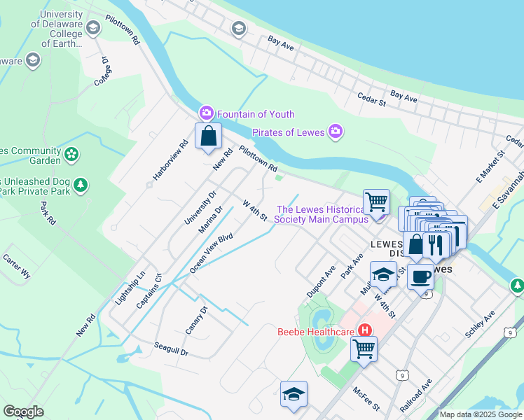 map of restaurants, bars, coffee shops, grocery stores, and more near 111 Ocean View Boulevard in Lewes